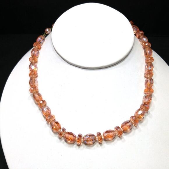 Vintage 1940s Peachy Pink Crystal Beaded Choker Necklace, Hand Cut Crystal, 15" - Picture 2 of 12